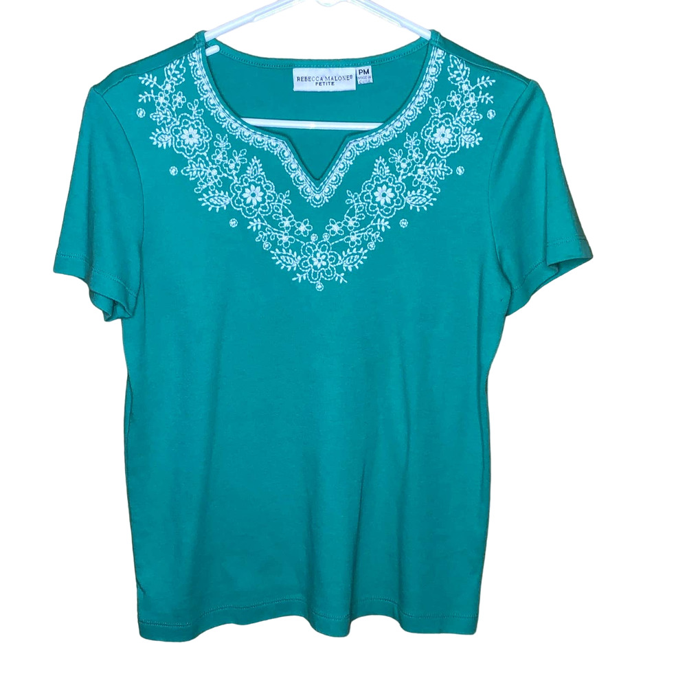 Rebecca Malone Shirt Petite Green V-Neck Embroidery PM